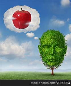 Big ideas business concept with a tree shaped as a human head dreaming and imagining a red apple in a dream bubble made of clouds as a metaphore for planning future profit and fruitful growth success.