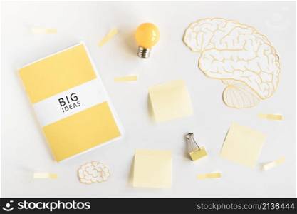 big ideas diary light bulb brain stationeries white background