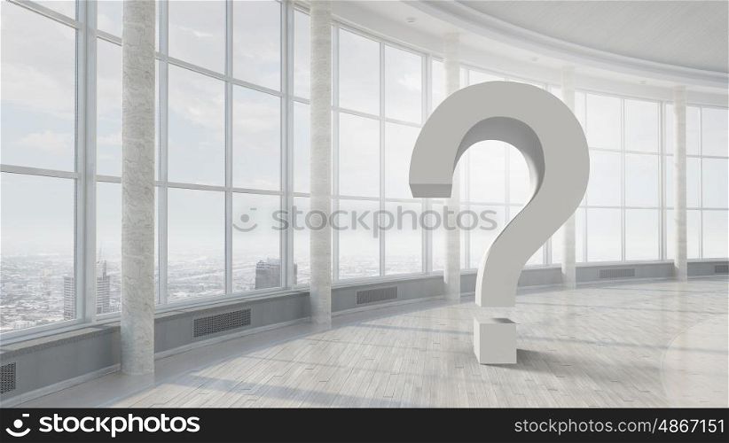 Big interior question. Bright modern interior with big question mark sign