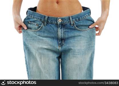big jeans on small woman isolated