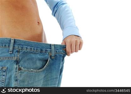 big jeans on small woman isolated
