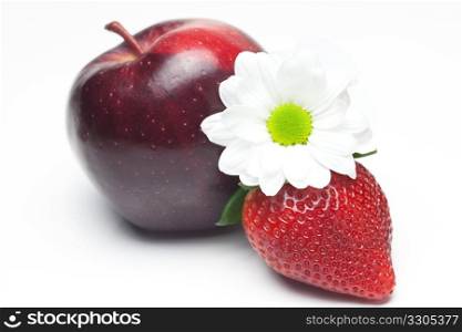 big juicy red ripe strawberries,flower and apple isolated on white