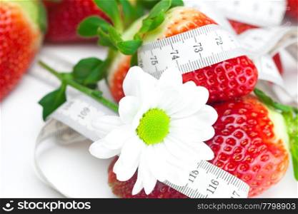 big juicy red ripe strawberries,flower and measure tape isolated on white