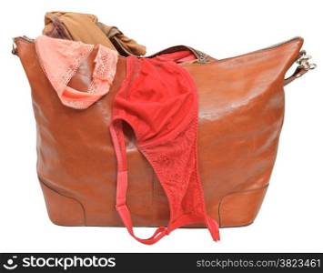 big leather handbag with bra and pink lace panties isolated on white background
