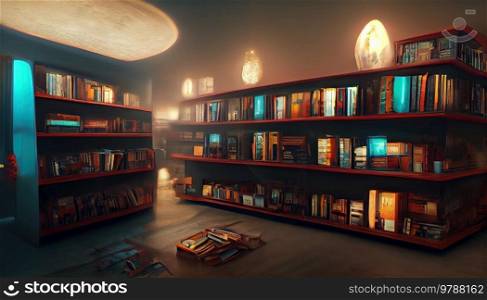 Big library interior, sheves with books, learning and back to school concept. shelf with books