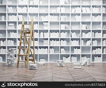 Big library interior. White books concept.3d illustration