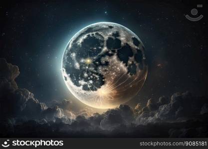 big moon in night sky. Illustration Generative AI. big moon in night sky. Illustration AI Generative