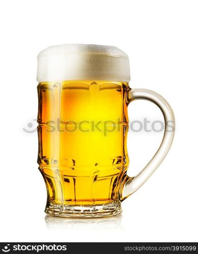Big mug of fresh light beer with rich foam isolated on a white background. Big mug of fresh light beer with rich foam