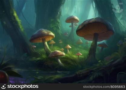Big mushroom in magical forest. Plant macro. Generate Ai. Big mushroom in magical forest. Generate Ai