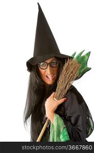 big nose and glasses as an old ugly witch keeping a broom