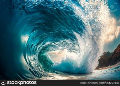 Big ocean clear blue surfer wave tube closeup. Generative AI. High quality illustration. Big ocean clear blue surfer wave tube closeup. Generative AI