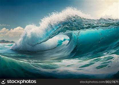 Big ocean clear blue surfer wave tube closeup. Generative AI. High quality illustration. Big ocean clear blue surfer wave tube closeup. Generative AI