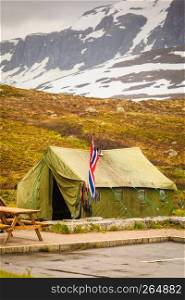 Big old tent in Haukeli mountains in summer time, place for travellers rest, Norway. Tent in Haukeli mountains, Norway