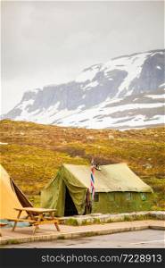 Big old tent in Haukeli mountains in summer time, place for travellers rest, Norway. Tent in Haukeli mountains, Norway