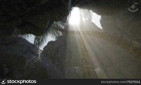 Big Palms in Stone Cave with Rays of Sunlight