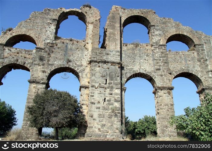 Big part of ancient aquaduct in Aspendos, Turkey