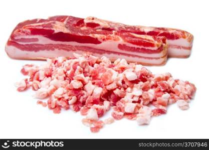 big pieces of bacon and bacon&rsquo;s cubes on white