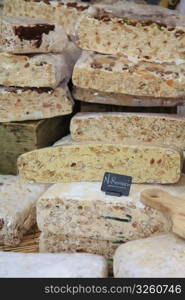 Big pieces of nougat on a local Provencale market in Bedoin, France
