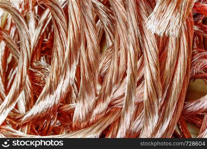 Big pile of copper wire as recyclables close-up