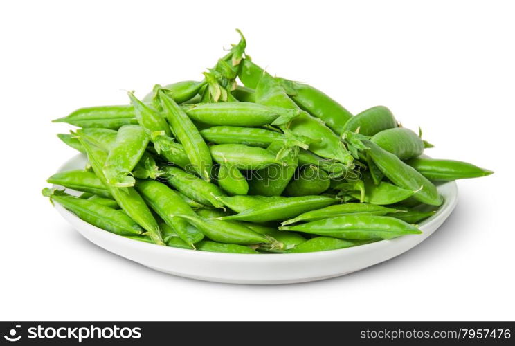 Big pile of green peas in pods on white plate isolated on white background