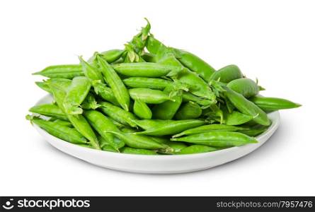 Big pile of green peas in pods on white plate isolated on white background