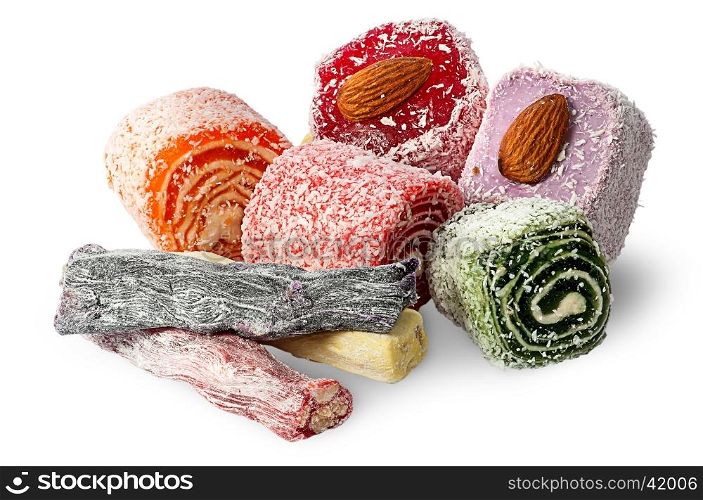 Big pile of Turkish Delight with nuts isolated on white background