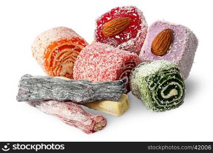 Big pile of Turkish Delight with nuts isolated on white background