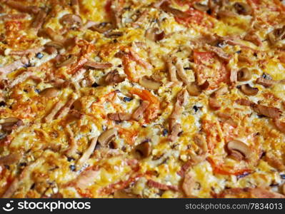 big pizza with meat .Shallow depth-of-field.