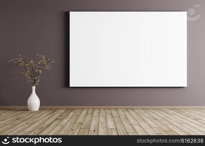 Big poster and flower vase in room with purple wall and wooden floor interior background 3d rendering