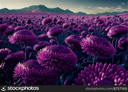 Big purple chrysanthemum flowers in field