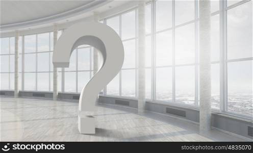 Big question mark. Bright modern interior with big question mark sign