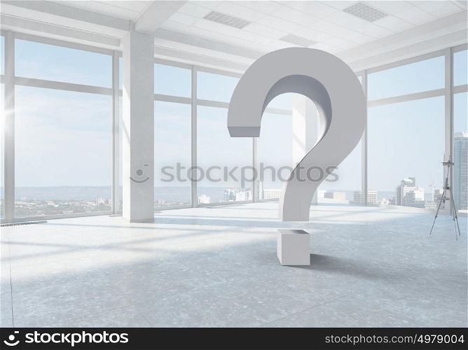 Big question of interior design. Bright modern interior with big question mark sign
