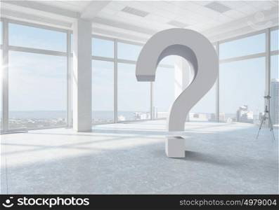 Big question of interior design. Bright modern interior with big question mark sign