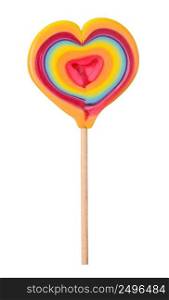 Big rainbow pride lollipop heart shaped candy love symbol on wooden stick isolated on white background