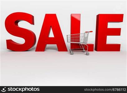 Big red 3d word Sale with shopping cart on white background. 3d render