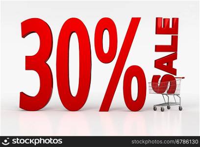 Big red letters with thirty percent off sale in shopping cart on white background. 3D render