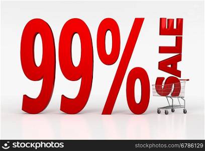 Big red ninety nine percent discount sign in shopping trolley on white background. 3D render