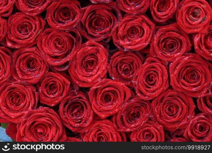 Big red roses in a wedding flower arrangement
