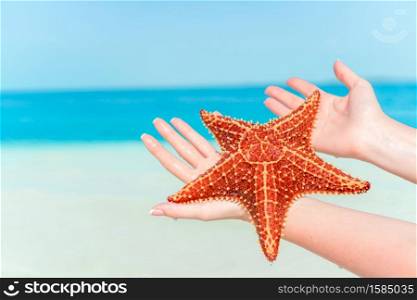Big red starfish in female hands on tropical beach. Tropical white sand with red starfish in clear water