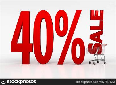 Big red text of 40 percent off discount in shopping cart over white glossy background. 3D render
