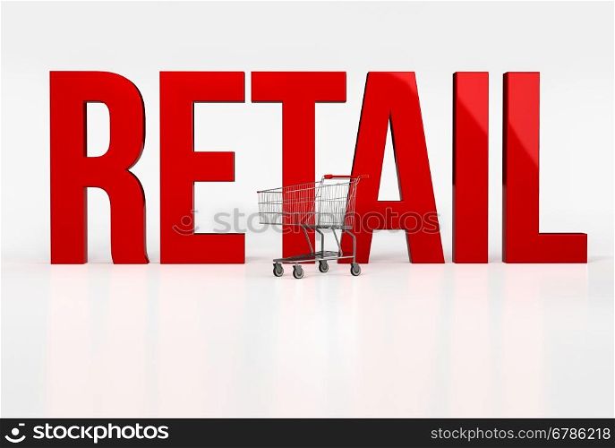 Big red word retail on white background next to shopping cart. 3d render