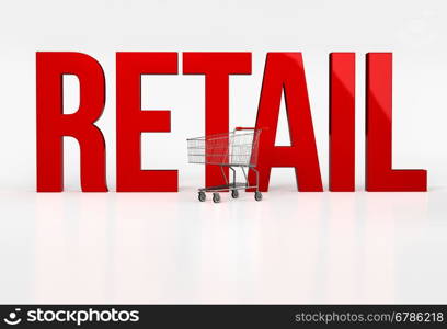 Big red word retail on white background next to shopping cart. 3d render