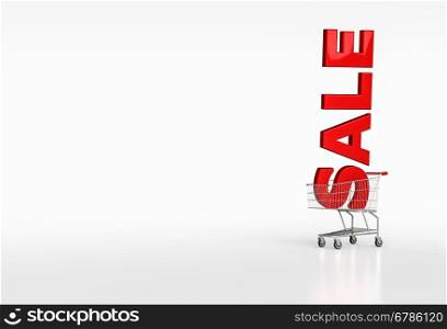 Big red word sale in shopping cart on white background. Place for your text. 3d render