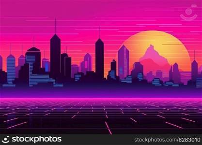 Big retro city sunset. Space techno. Generate Ai. Big retro city sunset. Generate Ai