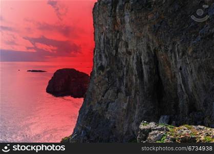 Big Rock and Seascape Greek Island of Rhodes with the Rugged Coast, Sunset