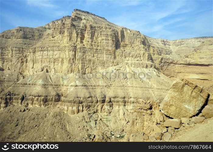 Big rock in Makhtesh Katan crater in Negev desert in Israel