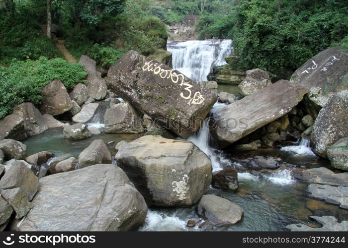 Big rocks and waterfall near Ramboda, Sri Lanka