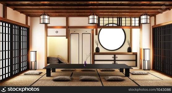BIg roominterior design in modern living room with black low table ,lamp,vase, and decor Japanses style. 3D rendering