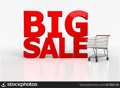 Big sale 3d word and realistic shopping cart on white background. 3d render