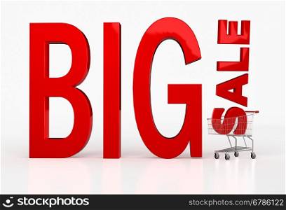 Big sale letters in shopping cart on white background. 3D render
